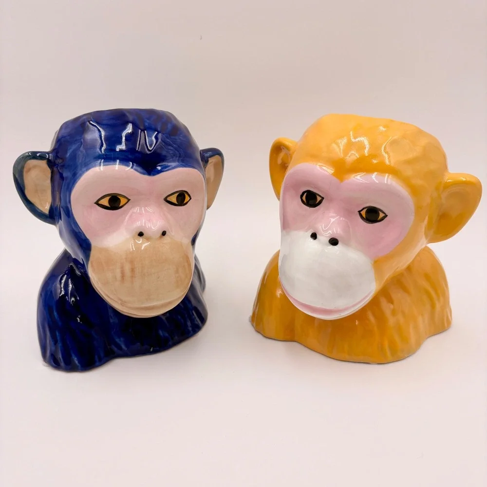 Ceramic Monkey Bust Planter Vase Set Blue‎ and Yellow Glossy Glaze Primate Decor